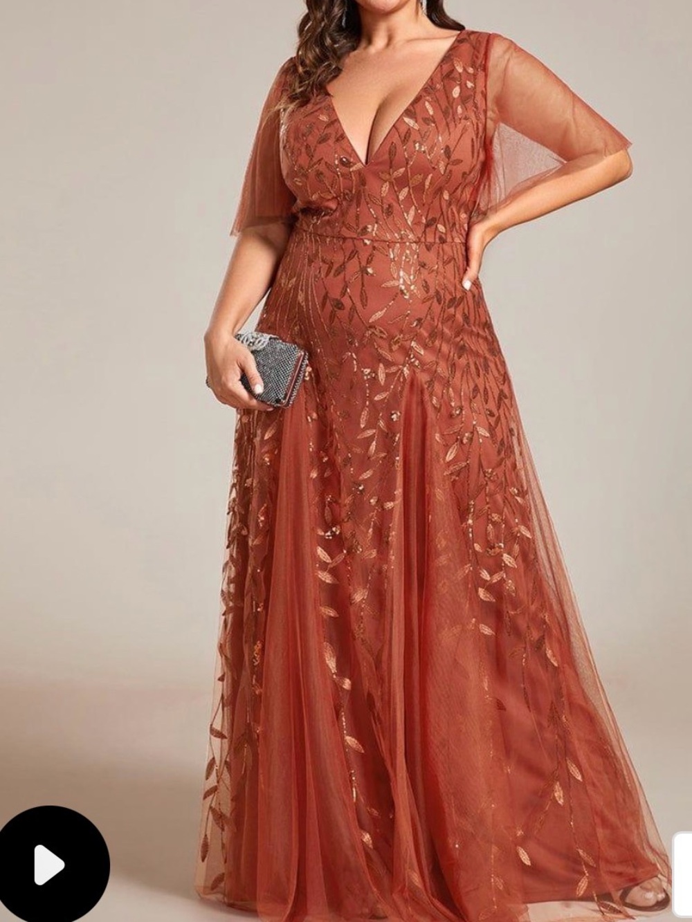 Rust Embroidered V-Neck Evening Gown - Women Dresses